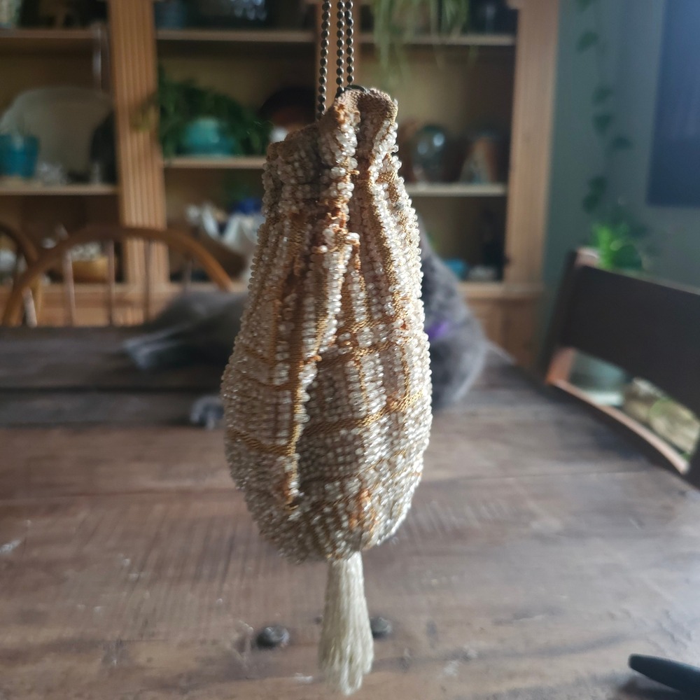 Antique Victorian Beaded Miser Bag Gold Seed Bead Reticule Tassel Purse As is